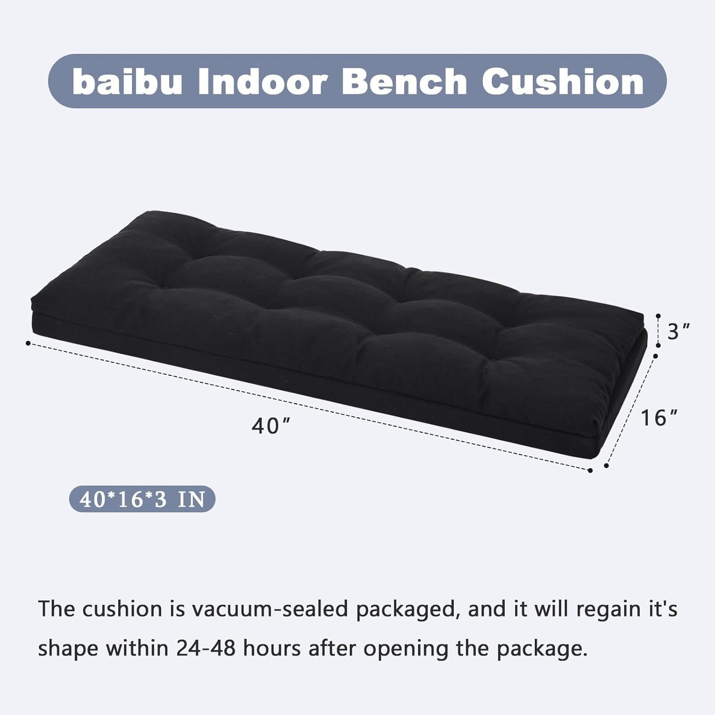baibu 40 Inch Dual-Layer Patent Design Memory Foam Bench Cushion, Non-Slip Indoor Bench Cushion Standard Size Foam Pad with Machine Washable Cover (Dark Grey, 40x16x3in)