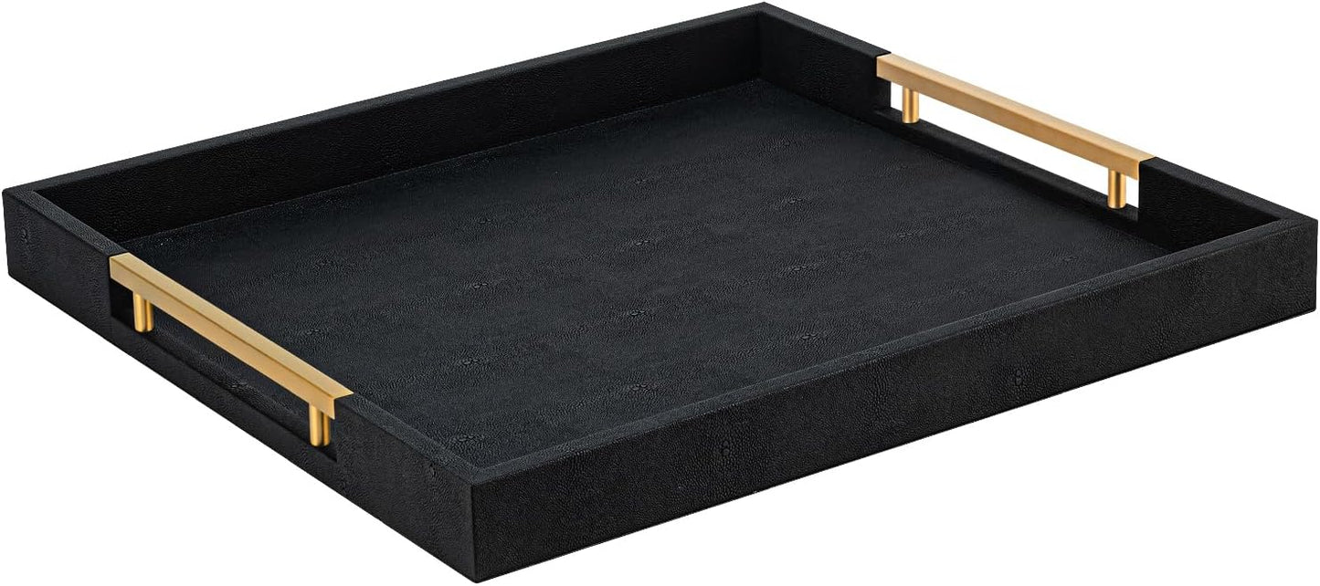 Beige Faux Leather Serving Tray with Handles – Large Decorative Tray for Coffee Table, Ottoman, Living Room, Bathroom – Home Decor