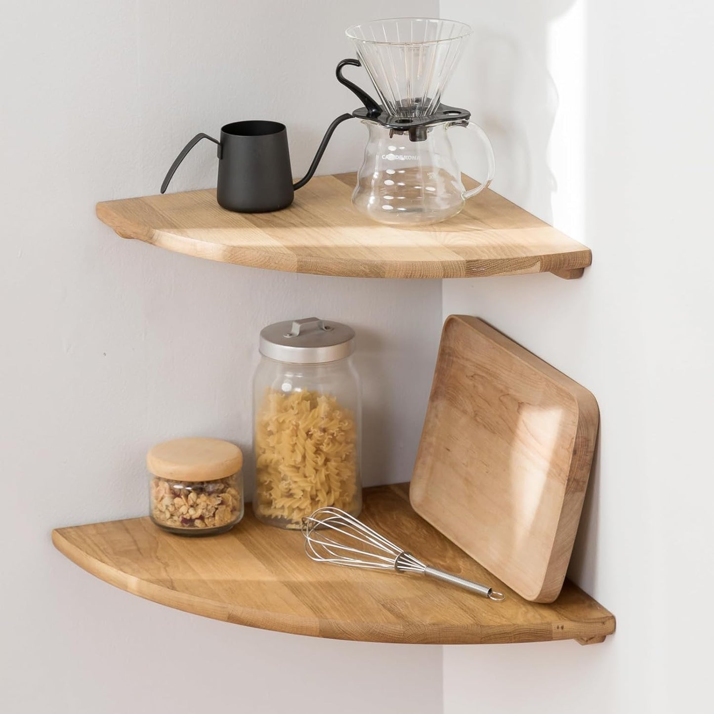 Corner Shelves, Floating Corner Shelf, Set of 2 7inch Solid Oak Wood Wall Shelves, Round End Wall Mount with Wire Hole Shelving for Small Plant for Bedroom Kitchen, Living Room