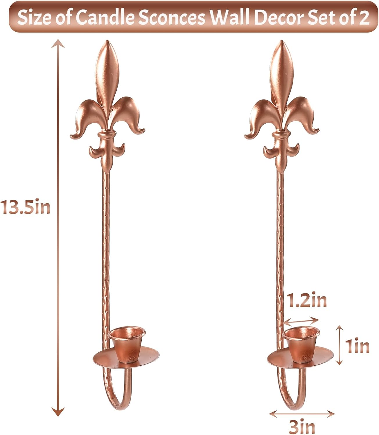 Fleur De Lis Wrought Iron Candle Sconces Set of 2, Rustic Candle Holders Hanging for Living Room Farmhouse Fireplace Wedding (Antique Copper)