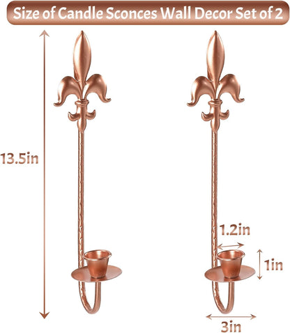 Fleur De Lis Wrought Iron Candle Sconces Set of 2, Rustic Candle Holders Hanging for Living Room Farmhouse Fireplace Wedding (Antique Copper)