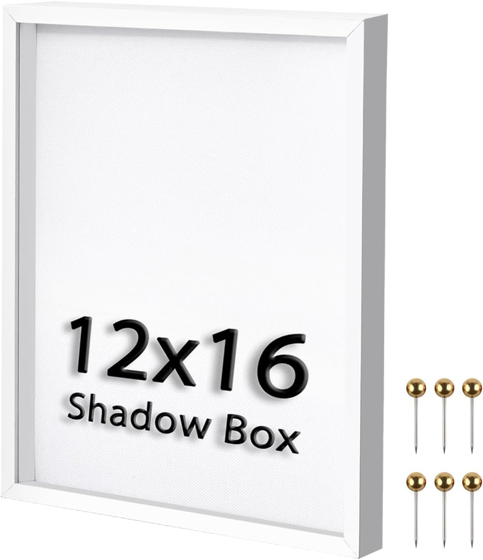 8x8 Shadow Box Frame | Soft Linen Back & Push Pins Included, Polystyrene Glass Memory Display Case for Flowers, Tickets & Cherished 3D Items, White