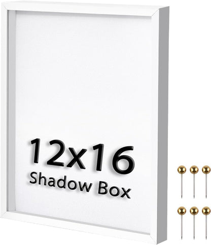 8x8 Shadow Box Frame | Soft Linen Back & Push Pins Included, Polystyrene Glass Memory Display Case for Flowers, Tickets & Cherished 3D Items, White
