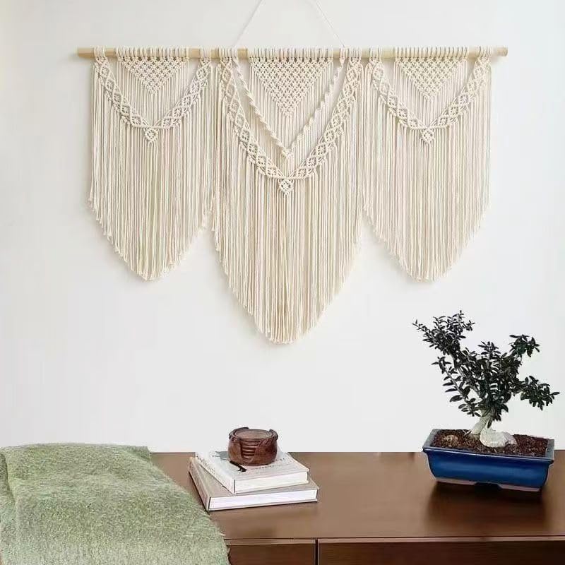 oiikain Large Handmade Boho Macrame Wall Hanging Tapestry - Chic Bohemian Woven Home Decor art for Living Room, Bedroom, and Wedding Parties (Beige, twelve rhombus)
