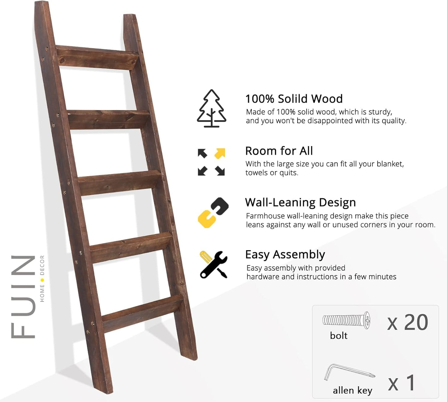 FUIN 5ft (58") Wood Blanket Ladder Living Room Decorative Wall Leaning Farmhouse Quilt Display Holder Storage Rustic Wooden Towel Rack for Bathroom, Brown