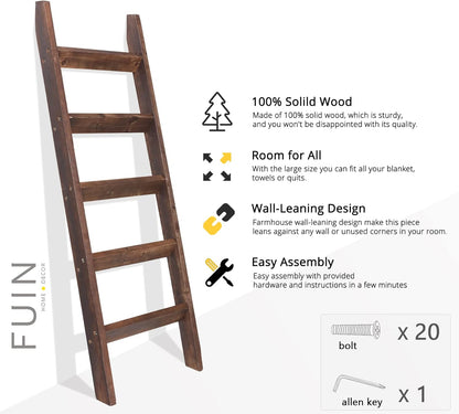 FUIN 5ft (58") Wood Blanket Ladder Living Room Decorative Wall Leaning Farmhouse Quilt Display Holder Storage Rustic Wooden Towel Rack for Bathroom, Brown