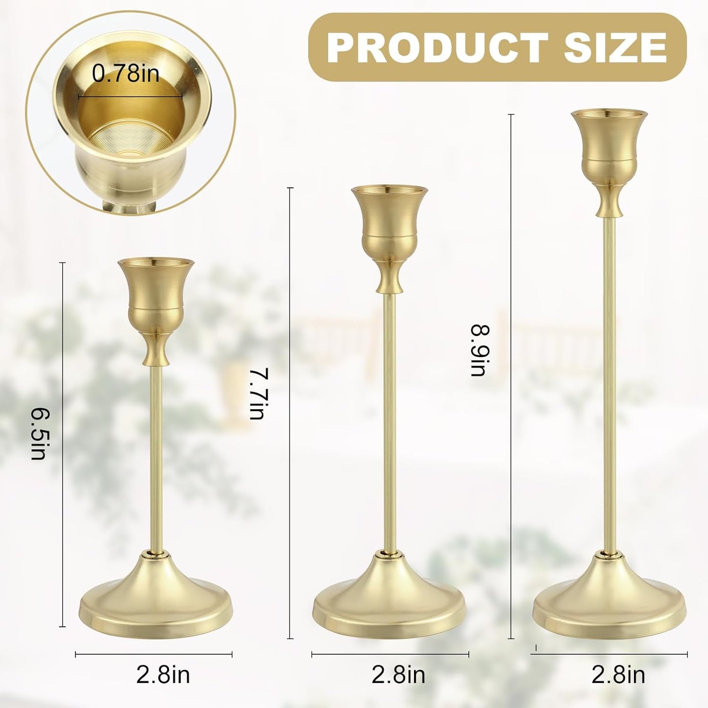 Candlestick Holders 4 Sets(12 Pcs), Brass Gold Candle Holders with Anti-Slip Pad, Metal Taper Candle Holder, Candle Holder for Wedding Fireplace Mantel Housewarming Gift