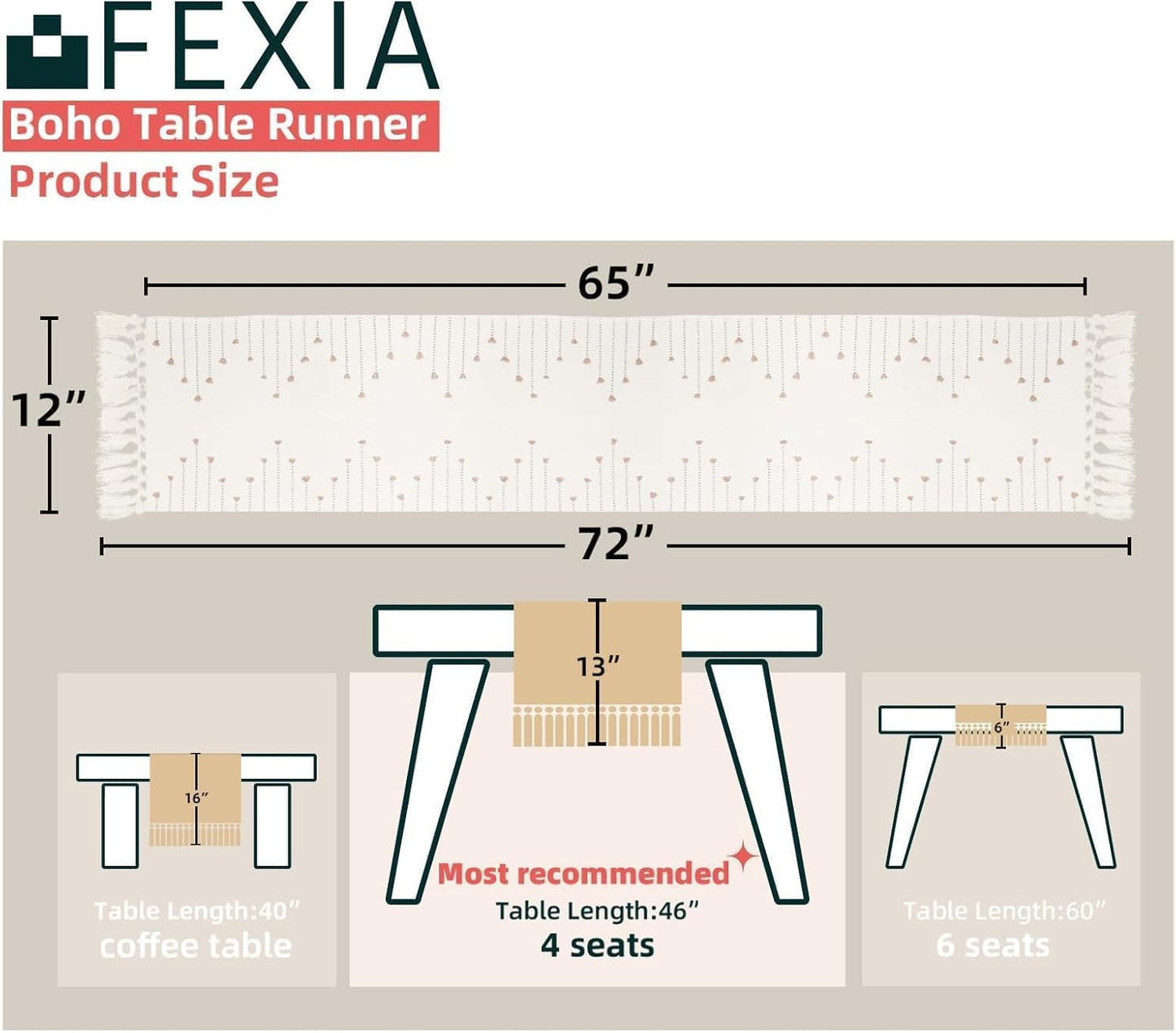 FEXIA Boho Table Runner for Thanksgiving Fall Christmas Home Decor with Tassels 72 Inches Long Pottery barn Furniture Farmhouse Rustic Macrame Burlap Table Decoration for Living Room (12x72 Inches)