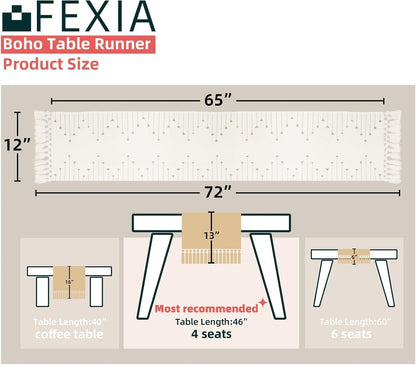 FEXIA Boho Table Runner for Thanksgiving Fall Christmas Home Decor with Tassels 72 Inches Long Pottery barn Furniture Farmhouse Rustic Macrame Burlap Table Decoration for Living Room (12x72 Inches)