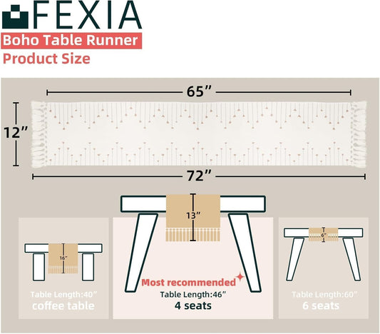 FEXIA Boho Table Runner for Thanksgiving Fall Christmas Home Decor with Tassels 72 Inches Long Pottery barn Furniture Farmhouse Rustic Macrame Burlap Table Decoration for Living Room (12x72 Inches)