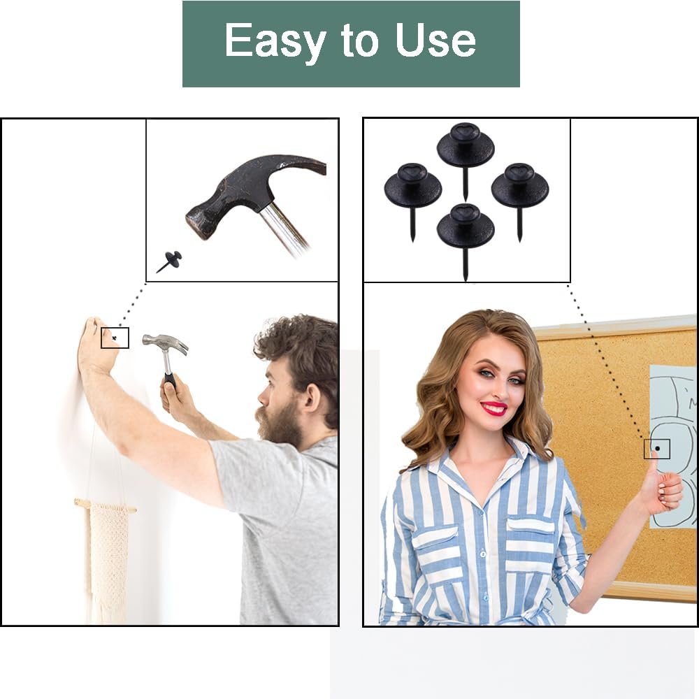 50 PCS Push Pins Picture Hangers Wall Hooks, Double Headed Thumb Tacks for Wall Hangings, Renter Friendly Decor Small Picture Frame Hangers for Drywall Cork Board Home Office Photo Decorations(Black)
