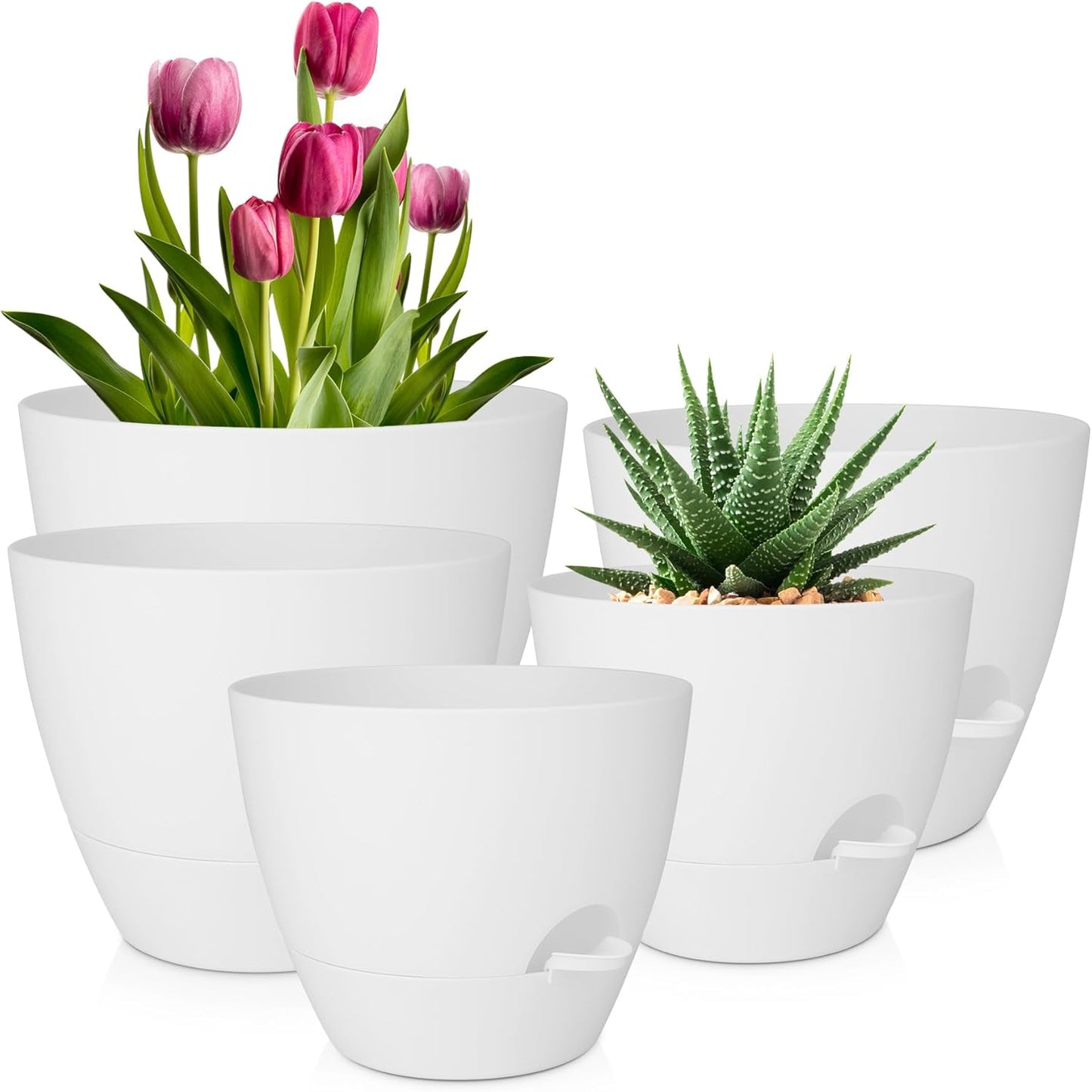 QRRICA Plant Pots 10/9/8/7.5/7 Inch Self Watering Pots, Set of 5 Plastic Planters with Drainage Holes and Saucers,Plastic Flower Pots,Nursery Planting Pot for Indoor Out Door Plants（Green）