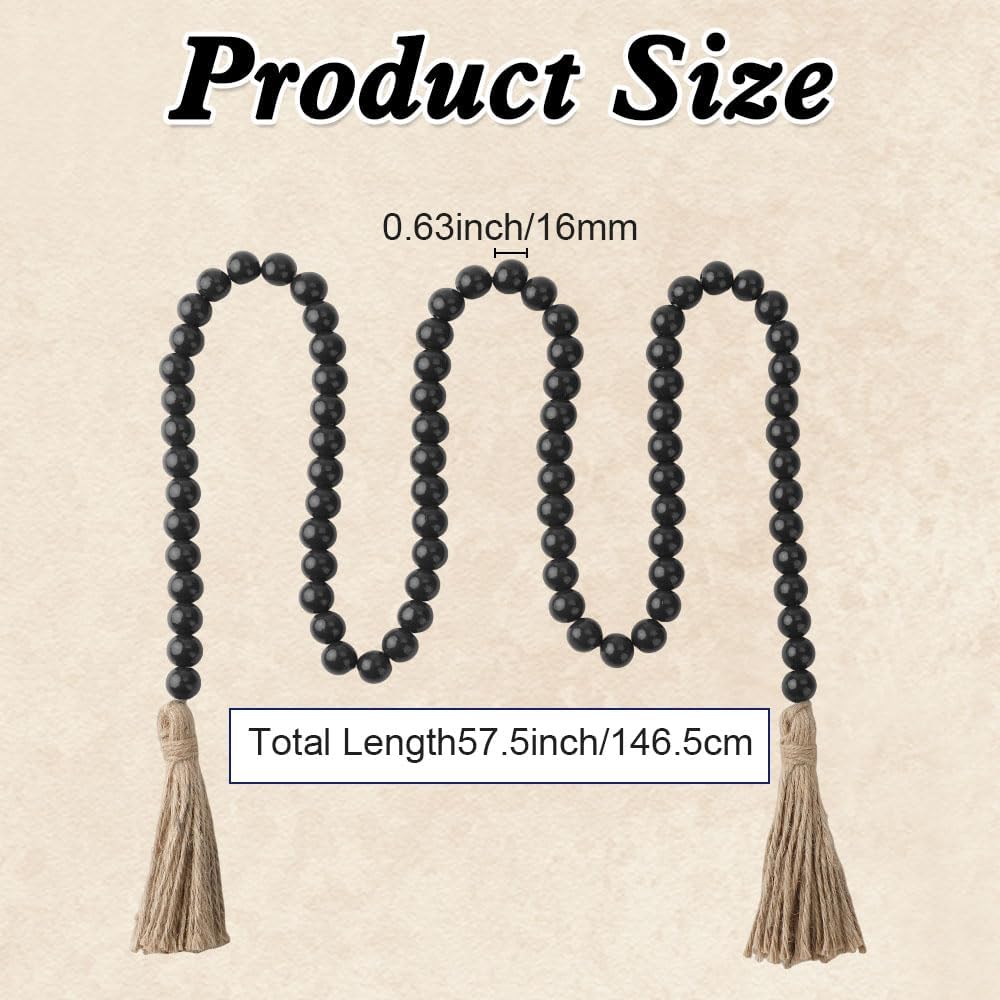 Wood Bead Garland 58 Inch Nature Wooden Beads for Boho Farmhouse Table Home Decor with Tassel, Wooden Prayer Bead, Rustic Country Boho Wall Hanging Decor for Kitchen Modern Living Room Tray Vase Shelf