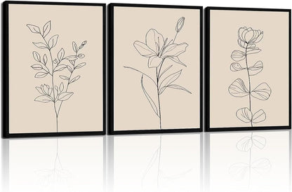 CHTEXA Minimalist Botanical Wall Art Set Of 3 Framed Canvas Prints Neutral Beige Plant Line Art Decor For Living Room Bedroom Bathroom Office 12x16 Inch