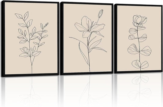 CHTEXA Minimalist Botanical Wall Art Set Of 3 Framed Canvas Prints Neutral Beige Plant Line Art Decor For Living Room Bedroom Bathroom Office 12x16 Inch