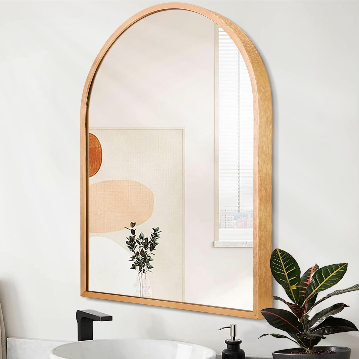 Black Arched Wall Mirror Aluminum Alloy Frame Bathroom Mirror Brushed Metal Vanity Wall Mounted Mirror for LivingRoom Bedroom Entryway Room Home Decor 16"x12"