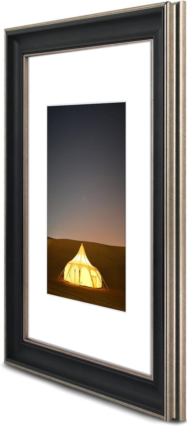 Golden State Art, 11x14 Photo Frame with Mat for Pictures 8x10 and Real Glass (Dark Gold Brown & Bronze Pewter Panel with White Color Mat, 1.25 Inch Frame Border)