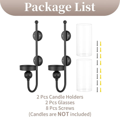 Sziqiqi Wall Candle Sconces Black: Wall Candle Holder Set of 2 for Pillars with Hurricane Glass - Wall-Mounted Metal Candleholder for Living Room Bathroom Bedroom