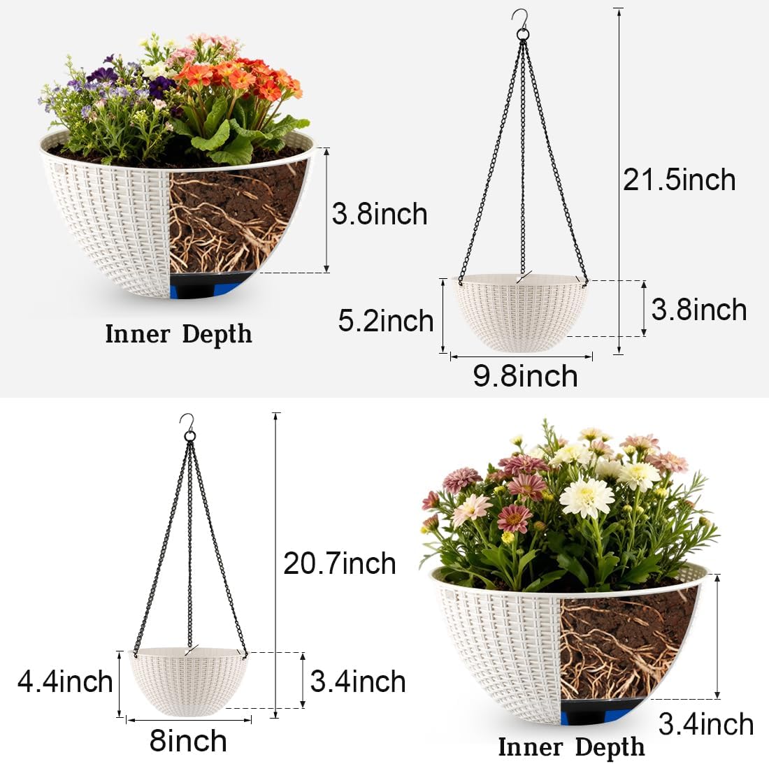 RooTrimmer Hanging Planters for Indoor Outdoor Plants 8 and 10 Inch, 4 Packs Hanging Flower Pot with Drainage Holes, Self-Watering Hanging Basket Perfect for Home, Office and Garden, White