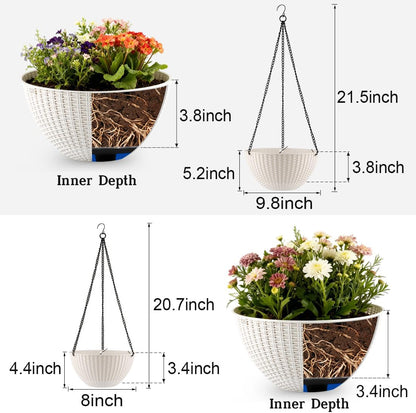 RooTrimmer Hanging Planters for Indoor Outdoor Plants 8 and 10 Inch, 4 Packs Hanging Flower Pot with Drainage Holes, Self-Watering Hanging Basket Perfect for Home, Office and Garden, White