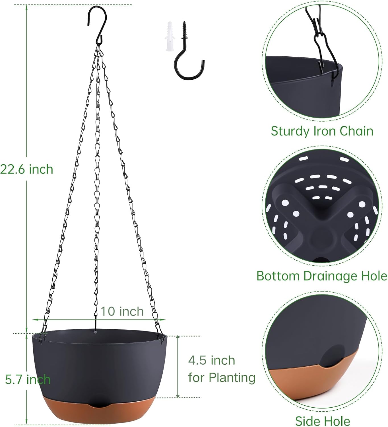Set of 2 Hanging Planters for Indoor Outdoor Plants, 8 Inch Self-Watering Hanging Flower Pots with Drainage Hole & Removable Water-Storage Tray (Hooks)