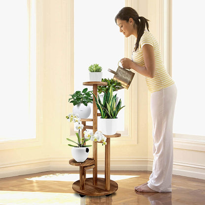 GEEBOBO 5 Tiered Tall Plant Stand for Indoor, Wood Plant Shelf Corner Display Rack, Multi-tier Planter Pot Holder Flower Stand for Living Room Balcony Garden Patio (Brown)