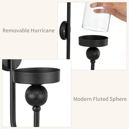 Sziqiqi Wall Candle Sconces Black: Wall Candle Holder Set of 2 for Pillars with Hurricane Glass - Wall-Mounted Metal Candleholder for Living Room Bathroom Bedroom
