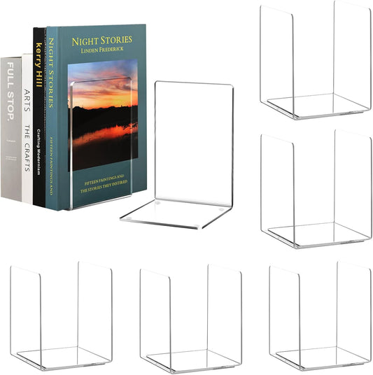 HappyHapi Acrylic Bookends for Shelves, 12 Pcs Clear Book Ends for Heavy Books, Decorative Book Holder for Home Library Office, 5 x 5 x 7.3 inch，6 Pair