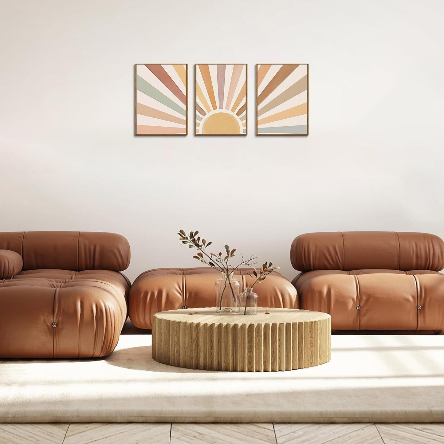 Bwodke Boho Wall Art, Framed Abstract Wall Art, Green Botanical Neutral Canvas Wall Decor, Large Mid Century Plant Pictures Set of 3, Modern Minimalist Paintings, for Bedroom Living Room Bathroom