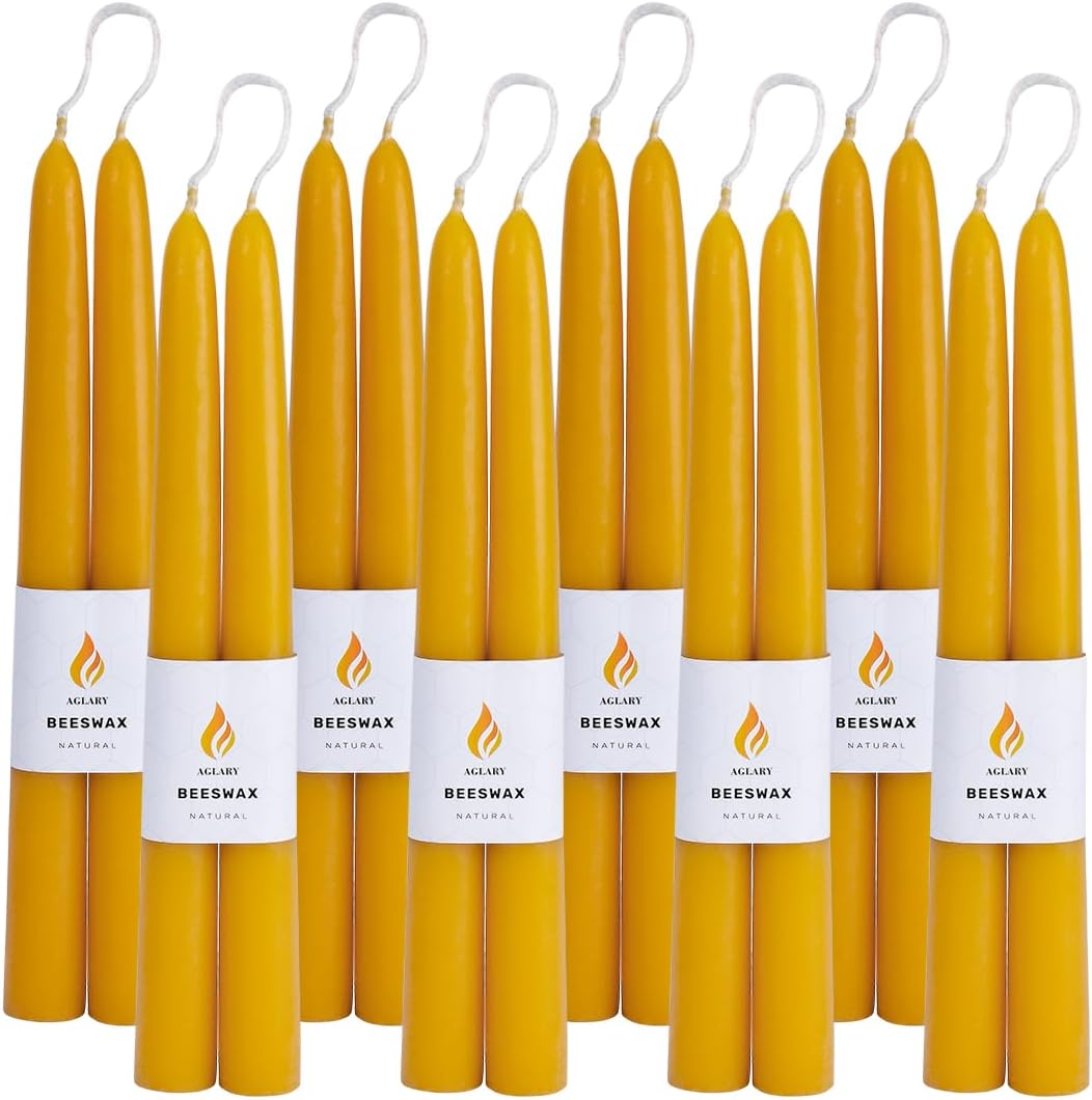 16PCS Beeswax Taper Candles, 9" Handmade Natural Candles, Dripless and Smokeless，9 Hour Burn Time