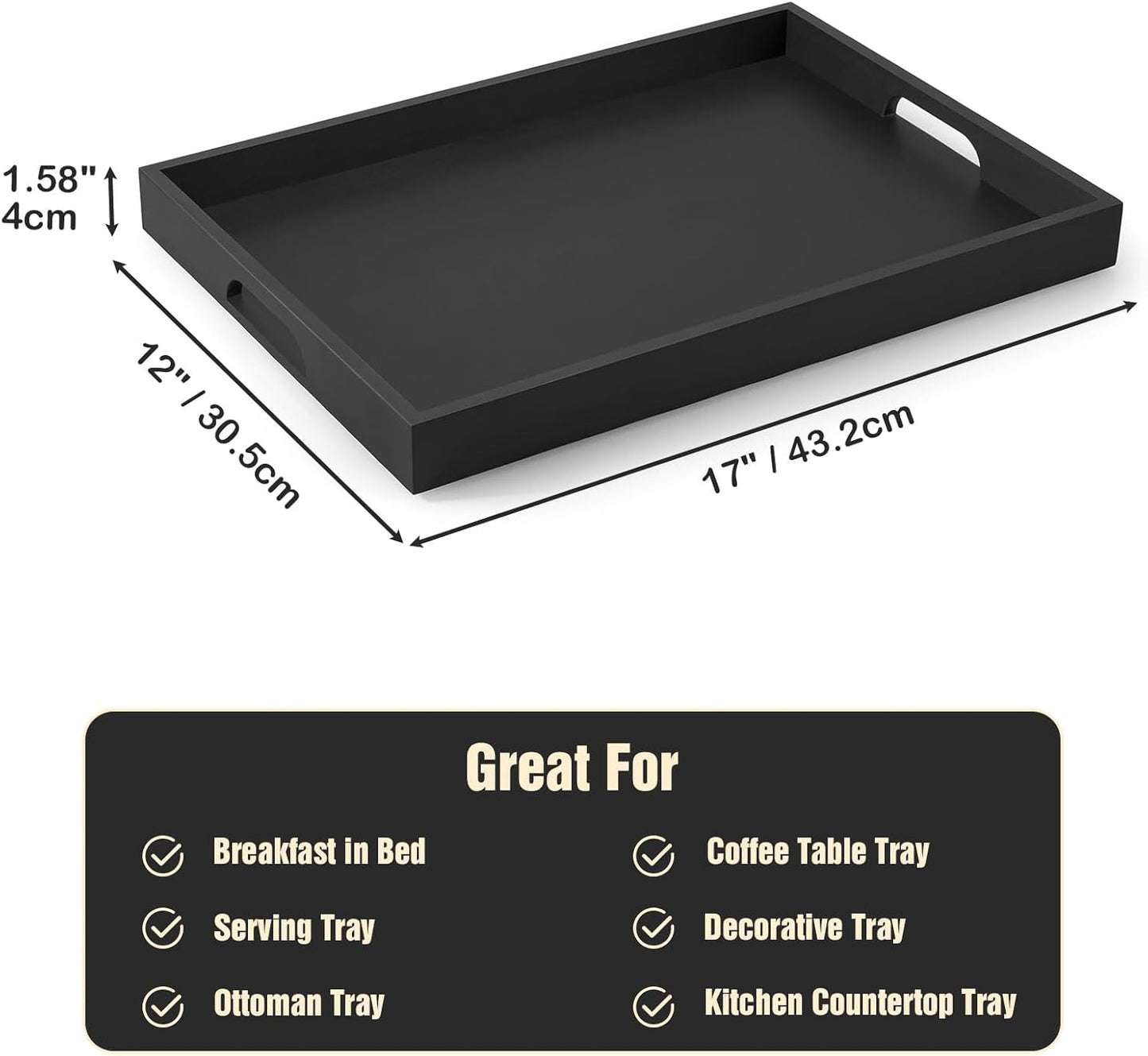 17 Inch Acacia Wood Serving Tray with Handles - Large Wooden Tray for Ottoman, Breakfast in Bed, Dinner, Coffee Table - Decorative Rectangular Tray for Living Room Bedroom Entryway and Kitchen