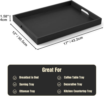 17 Inch Acacia Wood Serving Tray with Handles - Large Wooden Tray for Ottoman, Breakfast in Bed, Dinner, Coffee Table - Decorative Rectangular Tray for Living Room Bedroom Entryway and Kitchen