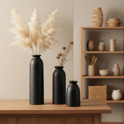 CEMABT Beige Ceramic vase Set-3 Small Flower vases for Decor,Modern Boho Farmhouse Home Decor,Decorative vase for Pampas Grass&Dried Flowers,idea Shelf,Table,Bookshelf ，Entryway- Distressed