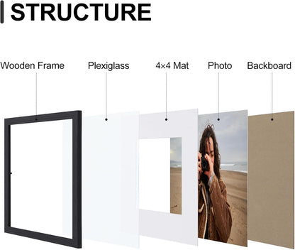 Vittanly 8x10 Picture Frames Set of 9, Shatter Resistant Plexiglass, Display 5x7 Pictures with Mat or 8x10 without Mat, Photo Frames for Wall or Tabletop, Engineered Wood, Black - Colors A