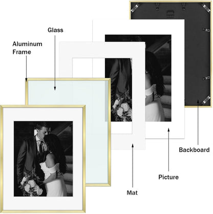 Frametory, Black Aluminum Picture Frame with Removable Mat - Set of 7 Includes Four 5x7, Two 8x10, One 11x14 - Real Glass Front - Simple Gallery Wall Frames for Art Prints and Posters