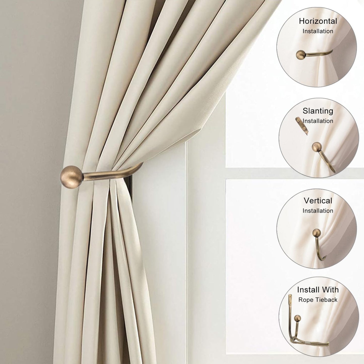 2 Pack Curtain Holdbacks - Silver, Decorative Drapery Wall Hooks with Hardware, Curtain Pull Back Hooks, Metal Curtain Tiebacks Wall Mounted, Window Side Holders for Drapes, Curtain Accessories