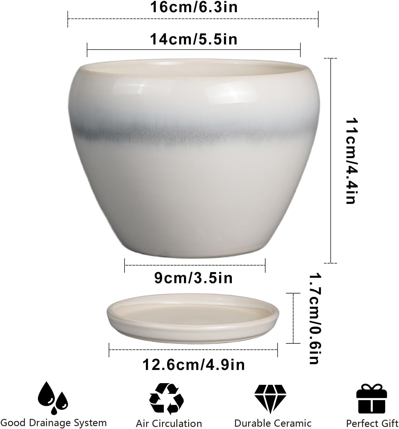 Ceramic Modern Glaze Succulent Planter Pot with Drainage Hole and Saucer 6 Inch Round Flower Plant Pot for Indoor Outdoor Herb Snake Plants