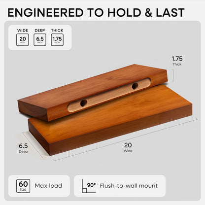 Homeforia 24 inch Natural Floating Shelf, High End Solid Real Wood 24inch Small Floating Shelves for Wall Mounted, Natural Wooden Floating Shelves, Heavy Duty Bracket, 24 X 6.5 X 1.75 in, Set of 2