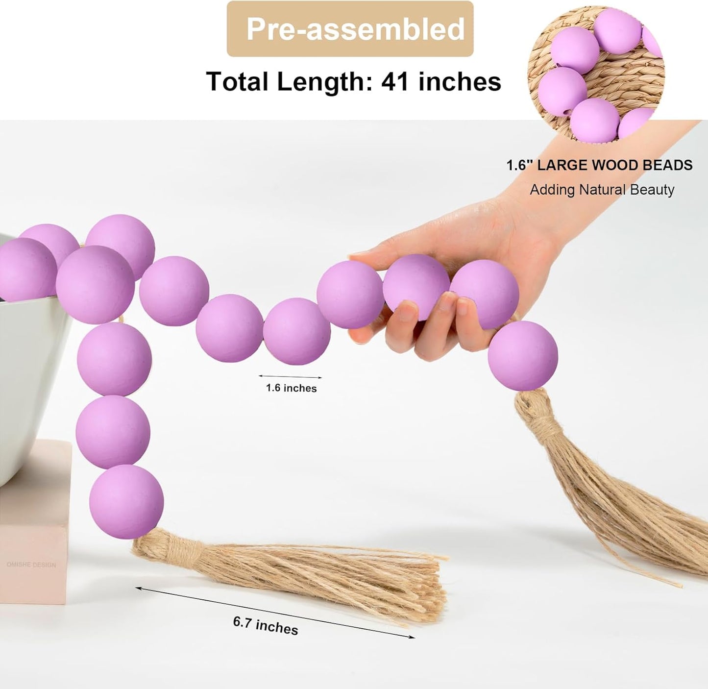 OMISHE Extra Large Wood Bead Garland with 1.6" Diameter Wooden Beads and Tassels, 41" Long Rustic Farmhouse Country Decorative Beads for Home Tiered Tray Decor, Natural Beige
