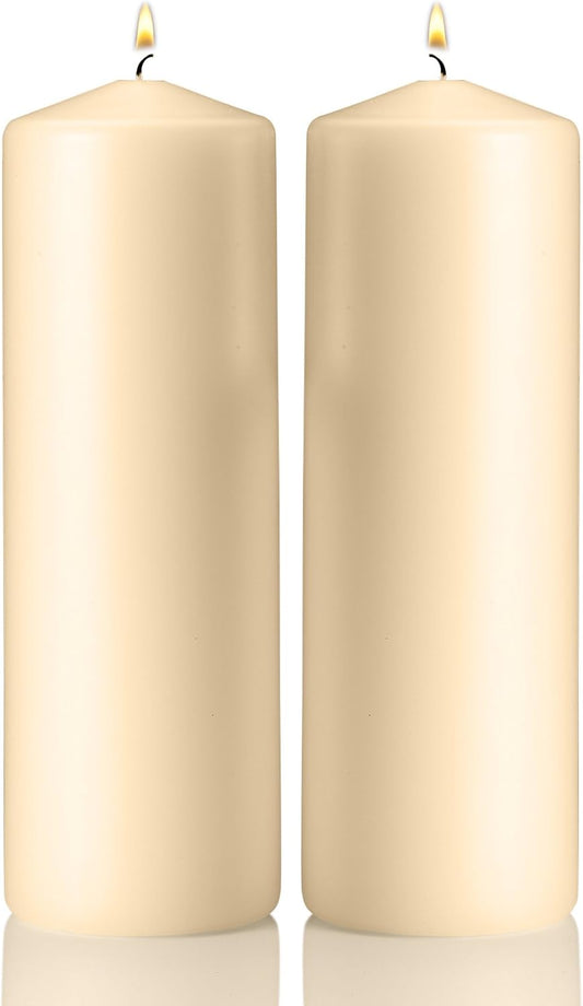 Light In The Dark White Pillar Candles - Set of 2 Unscented Candles - 9 inch Tall, 3 inch Thick - 90 Hour Clean Burn Time