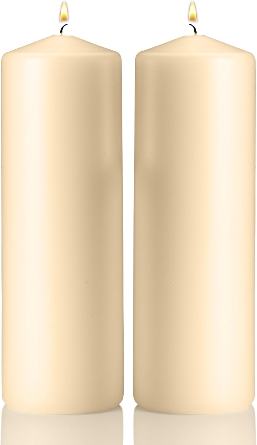 Light In The Dark White Pillar Candles - Set of 2 Unscented Candles - 9 inch Tall, 3 inch Thick - 90 Hour Clean Burn Time