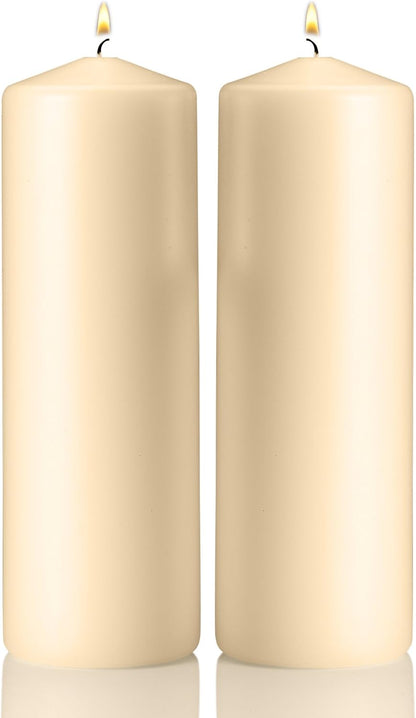 Light In The Dark White Pillar Candles - Set of 2 Unscented Candles - 9 inch Tall, 3 inch Thick - 90 Hour Clean Burn Time