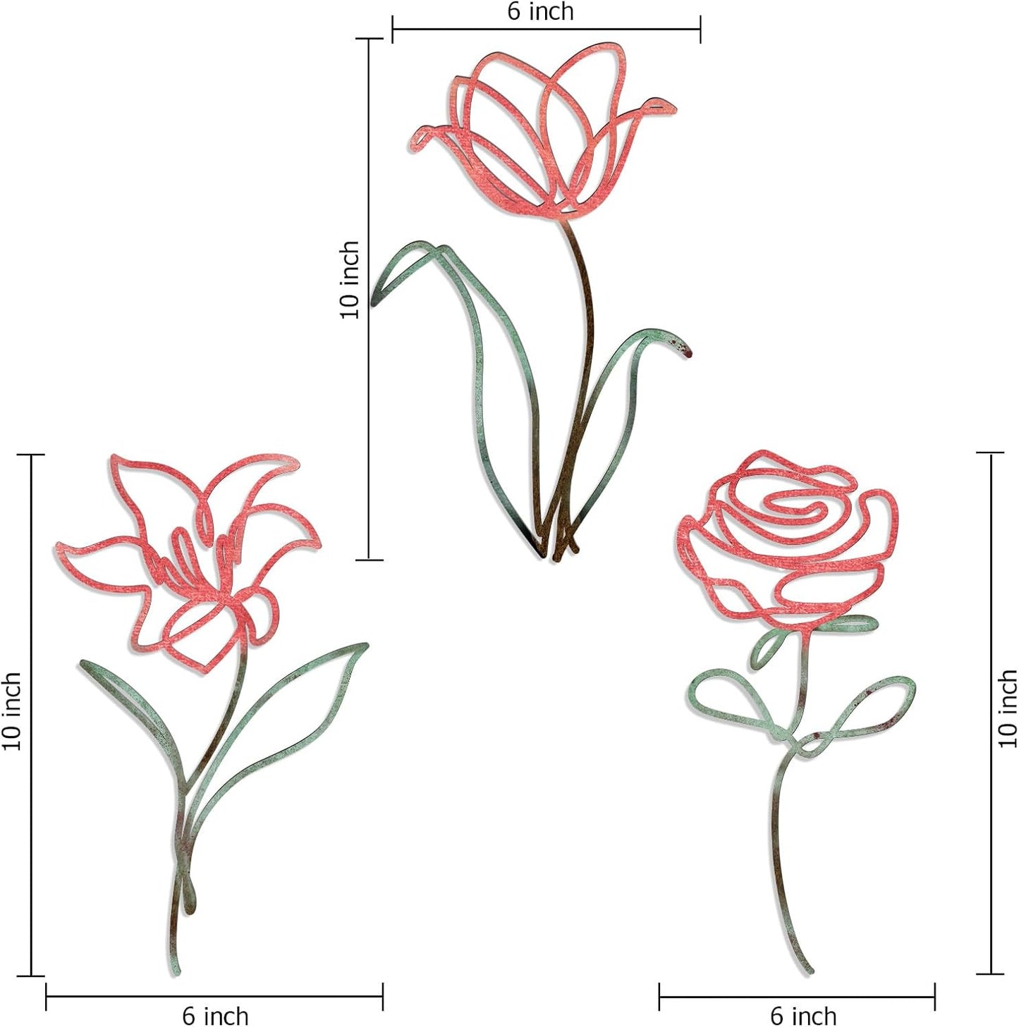 Oubasa Metal Flowers Wall Art Set of 3, Farmhouse Floral Home Decoration, Modern Line Art Flower Wall Decor for Living Room Bedroom Bathroom, Minimalist Botanical Wall Sculpture – Lily, Tulip, Rose