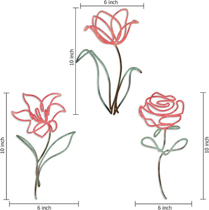 Oubasa Metal Flowers Wall Art Set of 3, Farmhouse Floral Home Decoration, Modern Line Art Flower Wall Decor for Living Room Bedroom Bathroom, Minimalist Botanical Wall Sculpture – Lily, Tulip, Rose