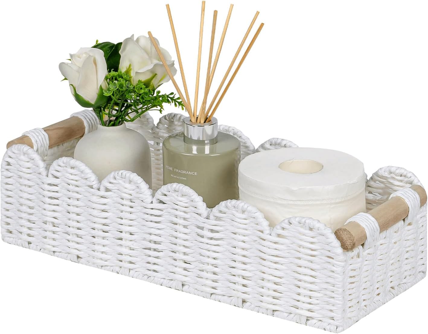 CubesLand Paper Rope Scalloped Edge Toilet Paper Storage Basket, Small Living Room, Bedroom Decor Baskets for Over Toilet Storage Shelf, End Table, Shelves and More, with 2 Wooden Handle, Neutral