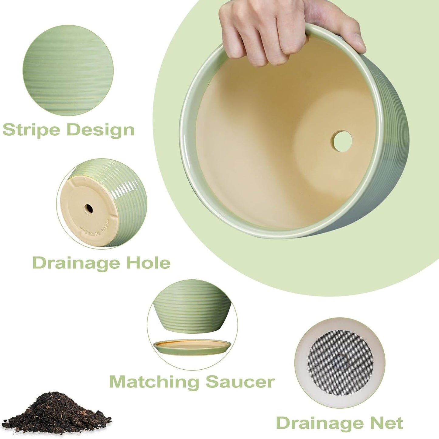 Ceramic Pots for Plants - 6 Inch Plant Pot with Drainage Hole and Saucer, Round Planters for Indoor Outdoor, Flower Pots, Modern Planter, Home Office Room Decor, Gifts for Plant Lovers, White