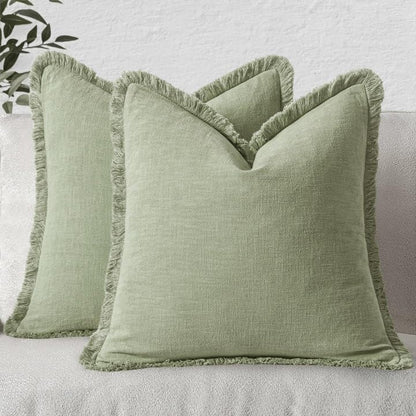 MIULEE Decorative Throw Pillow Covers Neutral Linen Fringe Throw Pillows Set of 2 Natural Beige Boho Farmhouse Cushion Covers with Tassels for Couch Sofa Bed Spring Home Decor 20x20 Inch