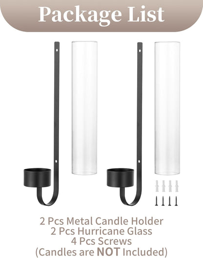Sziqiqi Black Wall Candle Holders: Metal Candle Sconces for Taper Set of 2 Modern Wall Mounted Candlestick Holder with Hurricane Glass for Living Dining Room Bedroom Bathroom Outdoor
