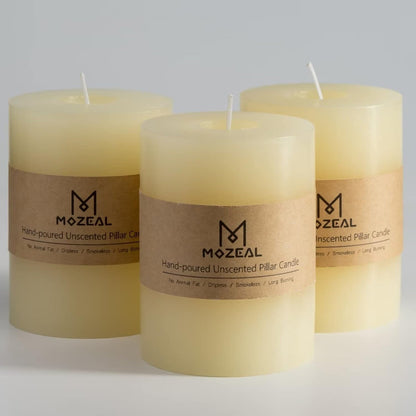 MOZEAL 3" x 4" Hand-Poured Unscented Candle,Dripless Pillar Candle Set of 3,Long Clean Burning,Approx 72 Hours Burn Time,Rustic Country Style,Wedding,Dinner,Christmas and Home Decor,White