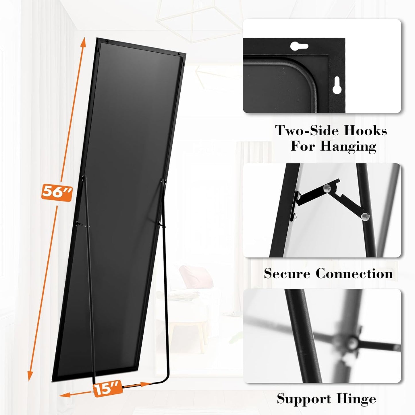 DUMOS Full Length Mirror 64"x21" Full Body Floor Mirror for Bedroom or Cloakroom, Can Stand Alone, Hang or Lean Against Wall, Tall Wall Mirror with Stand, Black